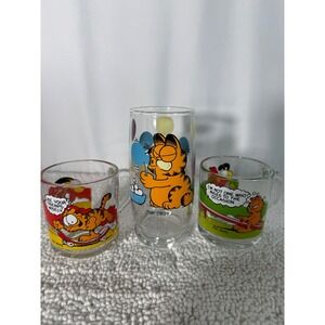 Vintage‎ Garfield Glass Collection Set of 3 Jim Davis Cartoon Mugs Glasses